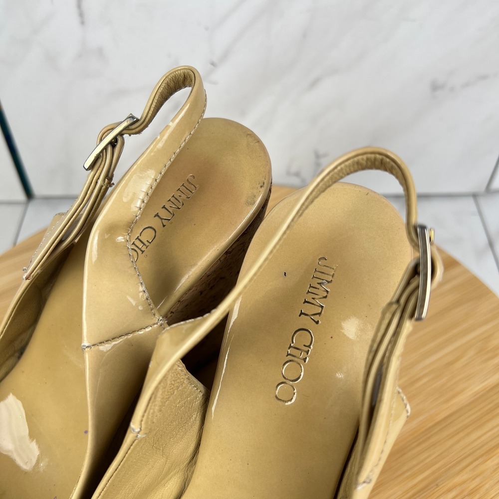 Jimmy Choo Prova Womens Size 6.5 EU 36.5 Yellow Patent Leather Cork Wedge Sandal - Picture 12 of 12